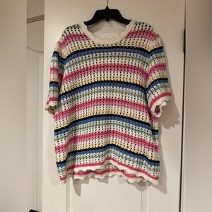 GAP Scalloped Crochet Striped Top in Cream and Pastel Shades